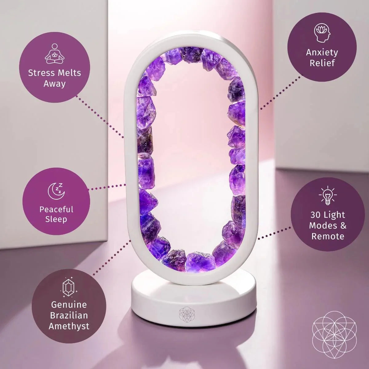 Amethyst ring lamp – lit on a nightstand (view 6)