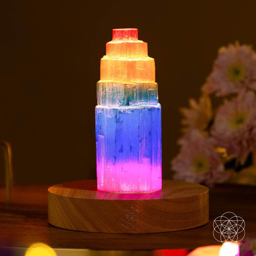 Rainbow Selenite Tower Lamp – Iridescent Crystal Glow